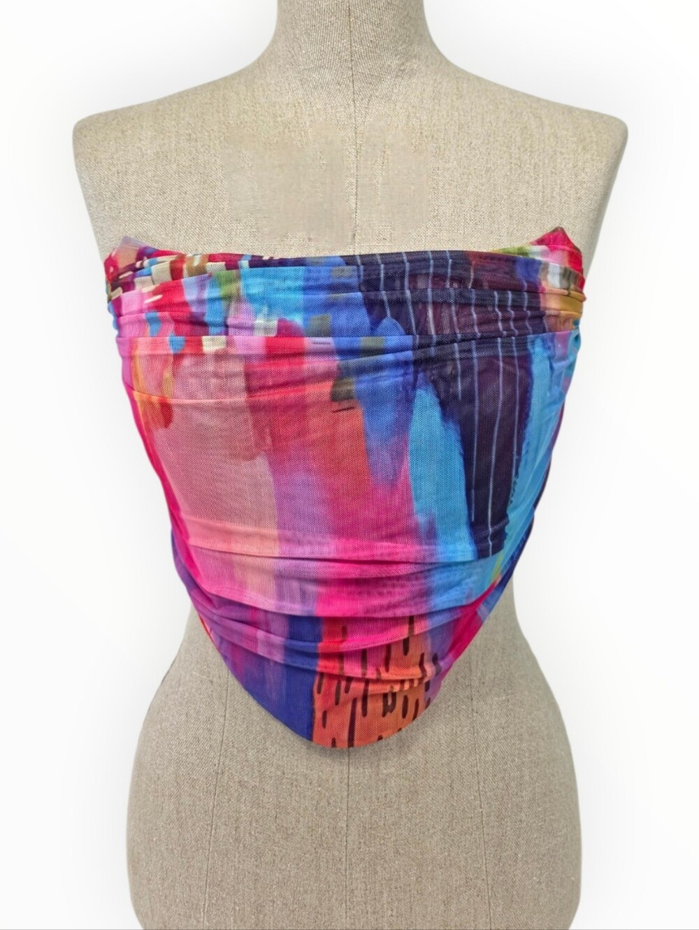 AKIRA Sunset Dreaming Ruched Corset Top S Multicolor Mesh Strapless Abstract